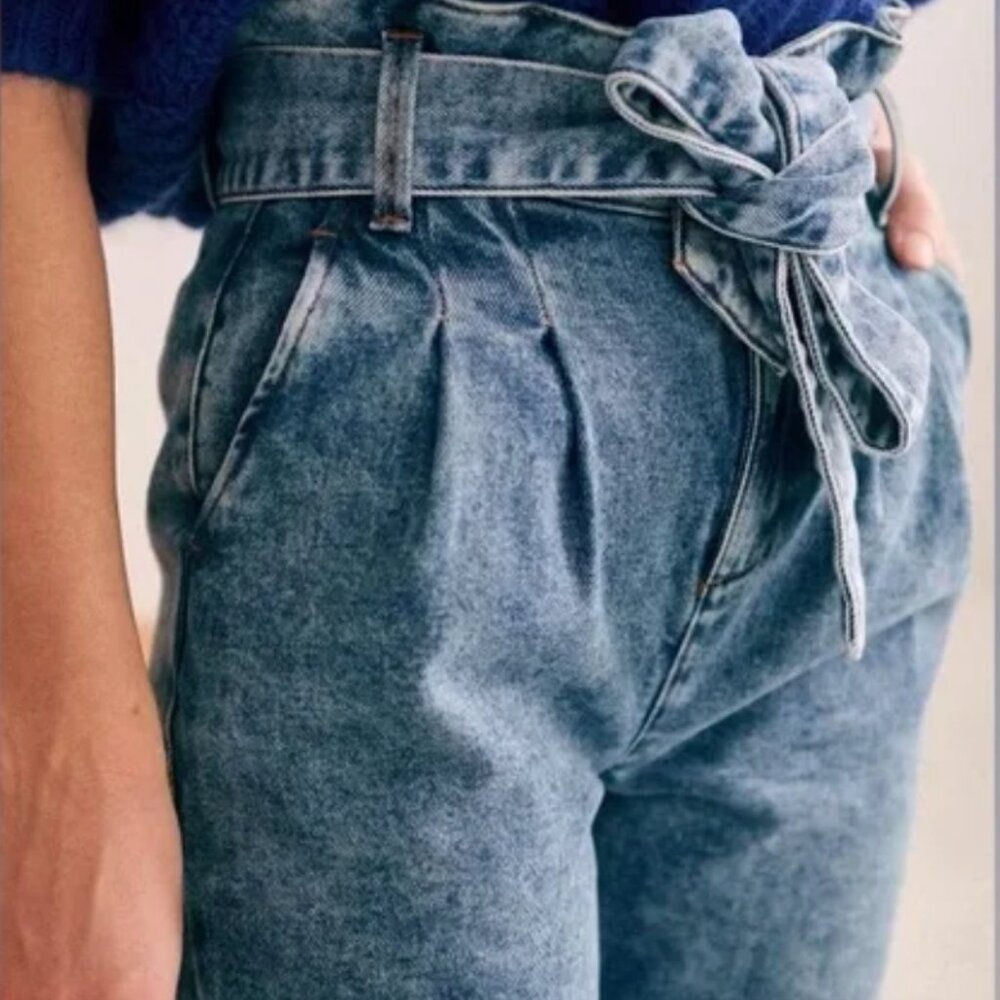 Sezane Austin Paperbag Waist Stone Mid Washed Denim Belted Jeans size 34/US 2